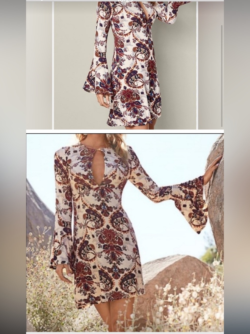 VENUS Long-Sleeve Paisley Tunic Dress in White, Burgundy & Navy